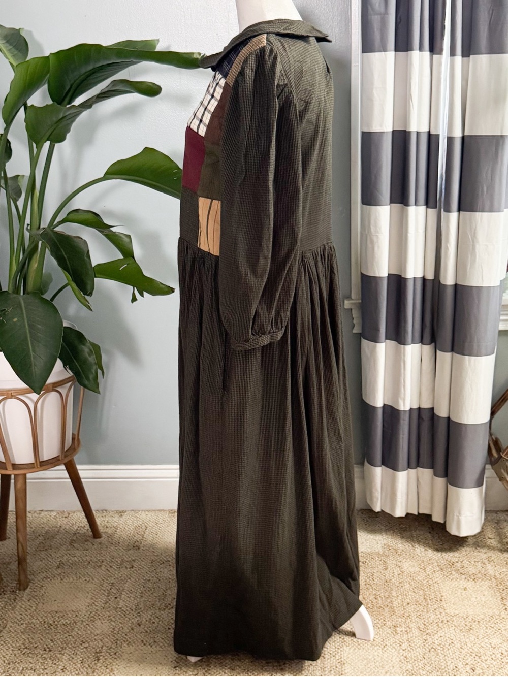 Vintage Prairie Maxi Dress Patchwork Quilted Olive Green Fits Large - Picture 3 of 9